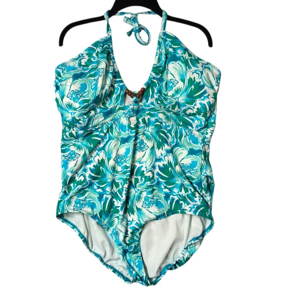 Time And Tru Halter Swimsuit Women Size 2X 20W-22W Blue Green Floral